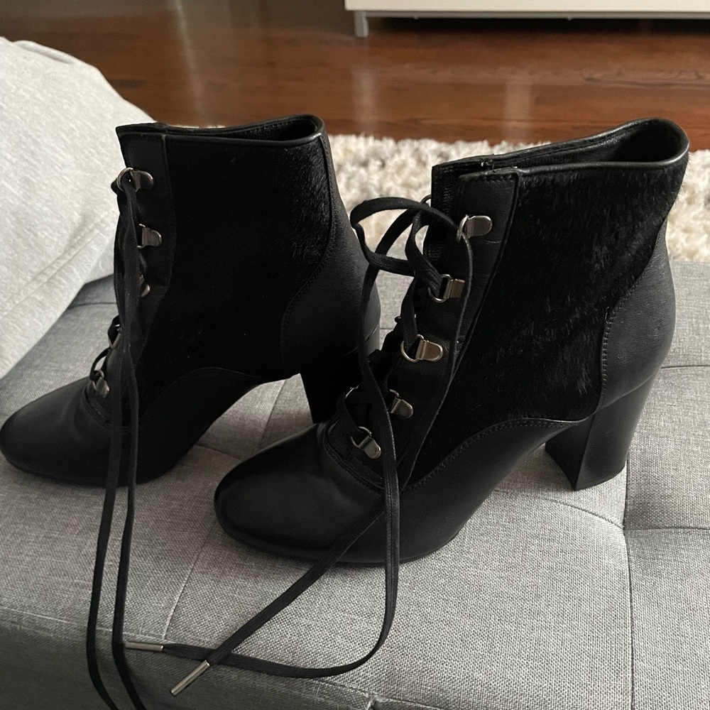 Lanvin leather and fur lace up booties